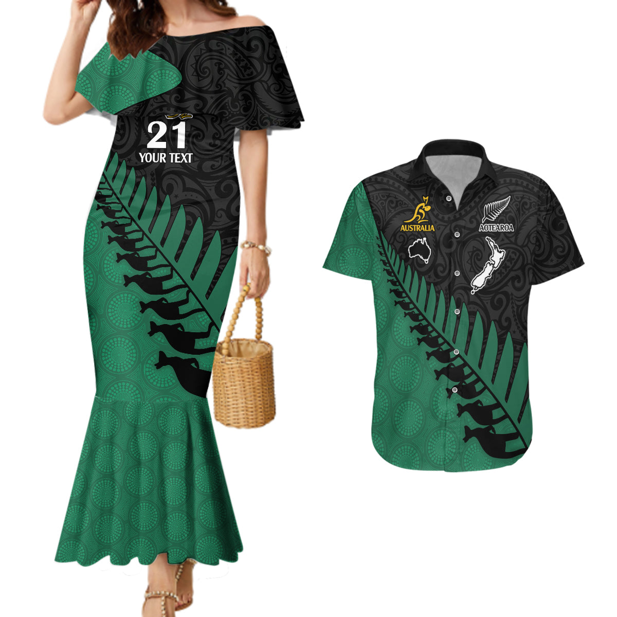 Custom Australia Wallabies and Aotearoa Rugby Couples Matching Mermaid Dress And Hawaiian Shirt Kangaroo Black Fern Maori Green Vibe LT9 - Wonder Print Shop