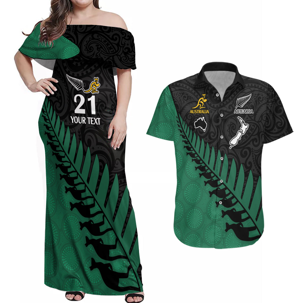 Custom Australia Wallabies and Aotearoa Rugby Couples Matching Off Shoulder Maxi Dress and Hawaiian Shirt Kangaroo Black Fern Maori Green Vibe LT9 - Wonder Print Shop