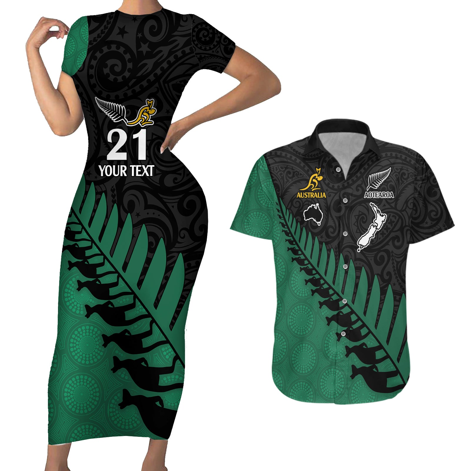 Custom Australia Wallabies and Aotearoa Rugby Couples Matching Short Sleeve Bodycon Dress and Hawaiian Shirt Kangaroo Black Fern Maori Green Vibe LT9 - Wonder Print Shop