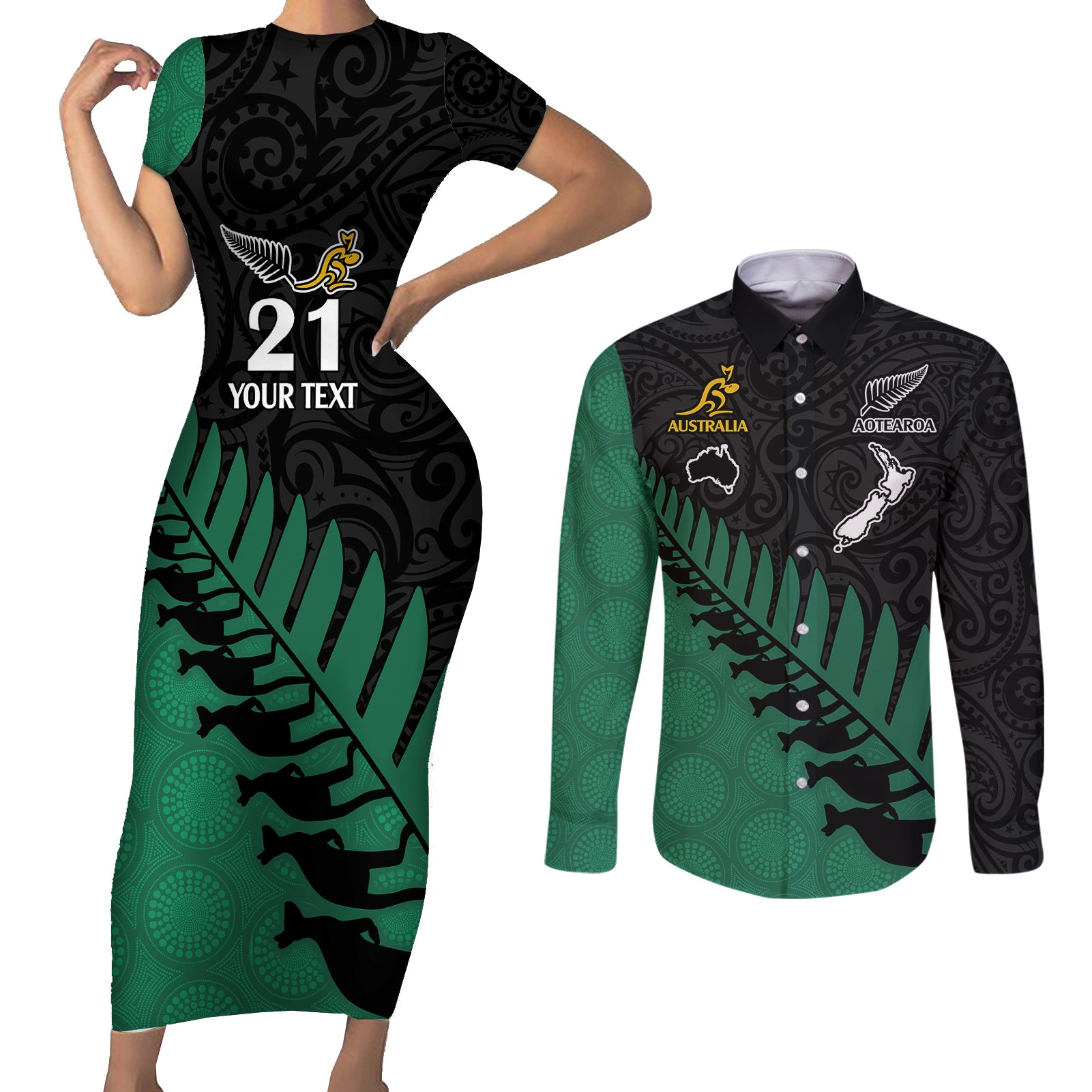 Custom Australia Wallabies and Aotearoa Rugby Couples Matching Short Sleeve Bodycon Dress and Long Sleeve Button Shirts Kangaroo Black Fern Maori Green Vibe LT9 - Wonder Print Shop