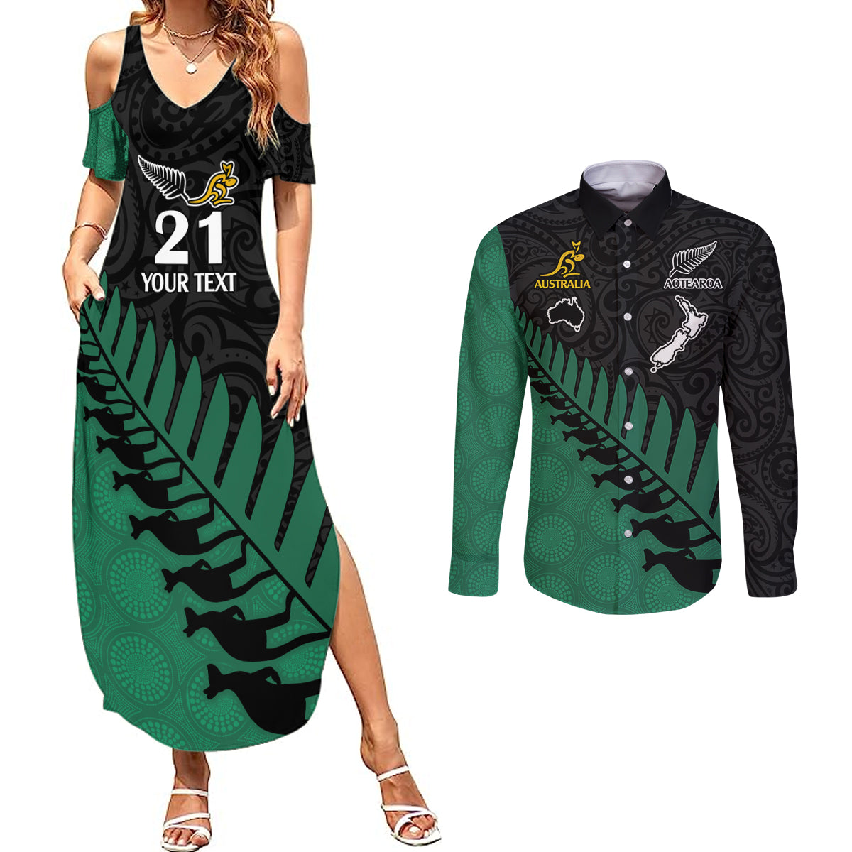 Custom Australia Wallabies and Aotearoa Rugby Couples Matching Summer Maxi Dress and Long Sleeve Button Shirts Kangaroo Black Fern Maori Green Vibe LT9 - Wonder Print Shop