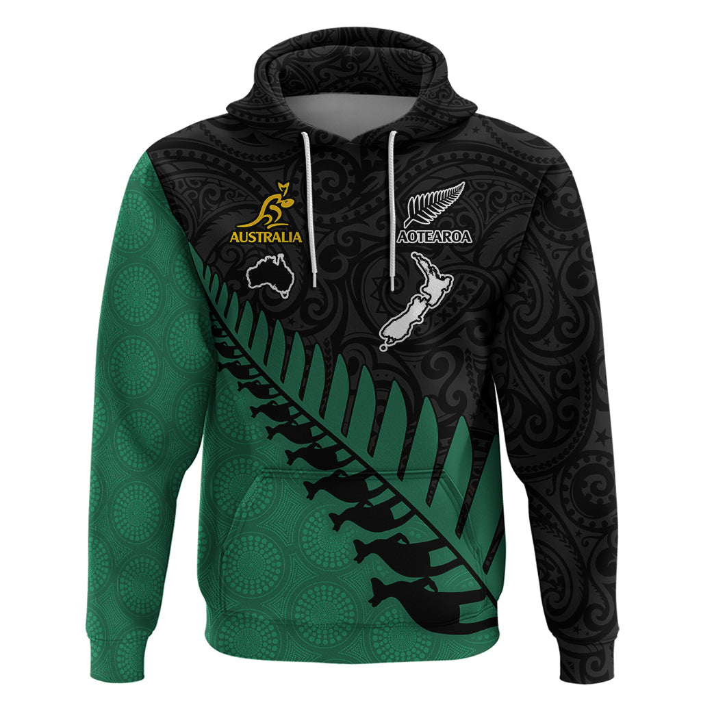 Custom Australia Wallabies and Aotearoa Rugby Hoodie Kangaroo Black Fern Maori Green Vibe - Wonder Print Shop