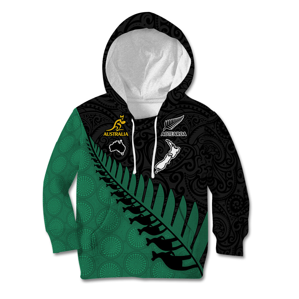 Custom Australia Wallabies and Aotearoa Rugby Kid Hoodie Kangaroo Black Fern Maori Green Vibe - Wonder Print Shop