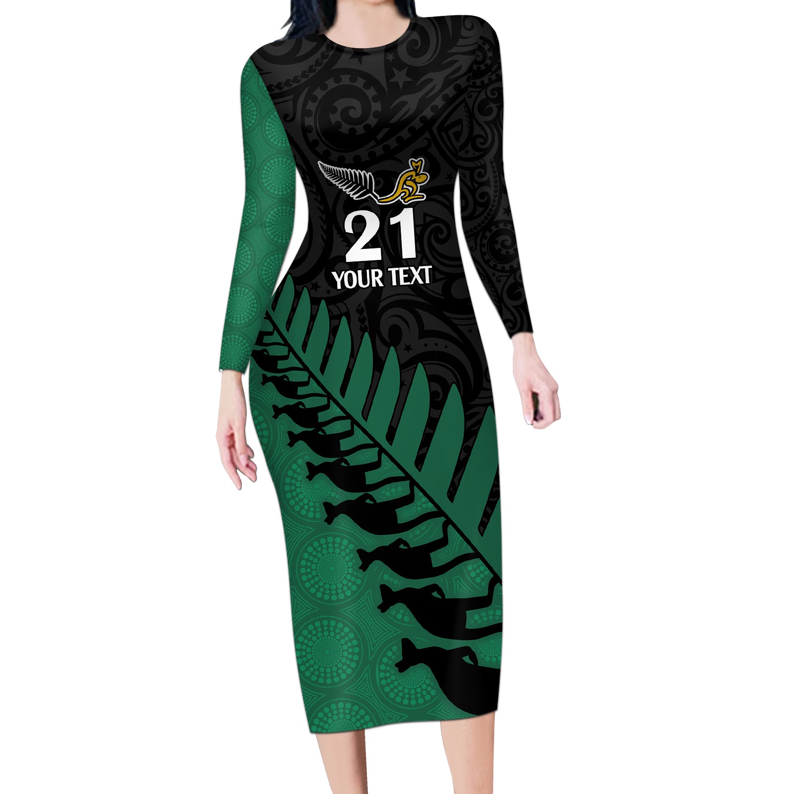 Custom Australia Wallabies and Aotearoa Rugby Long Sleeve Bodycon Dress Kangaroo Black Fern Maori Green Vibe - Wonder Print Shop