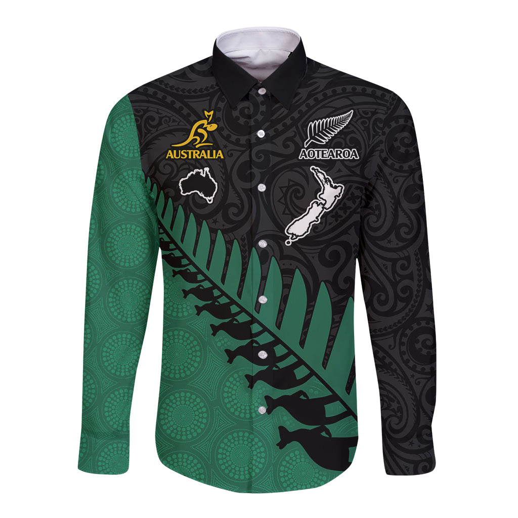 Unisex long sleeve button shirt with green and black tribal graphic, front logos