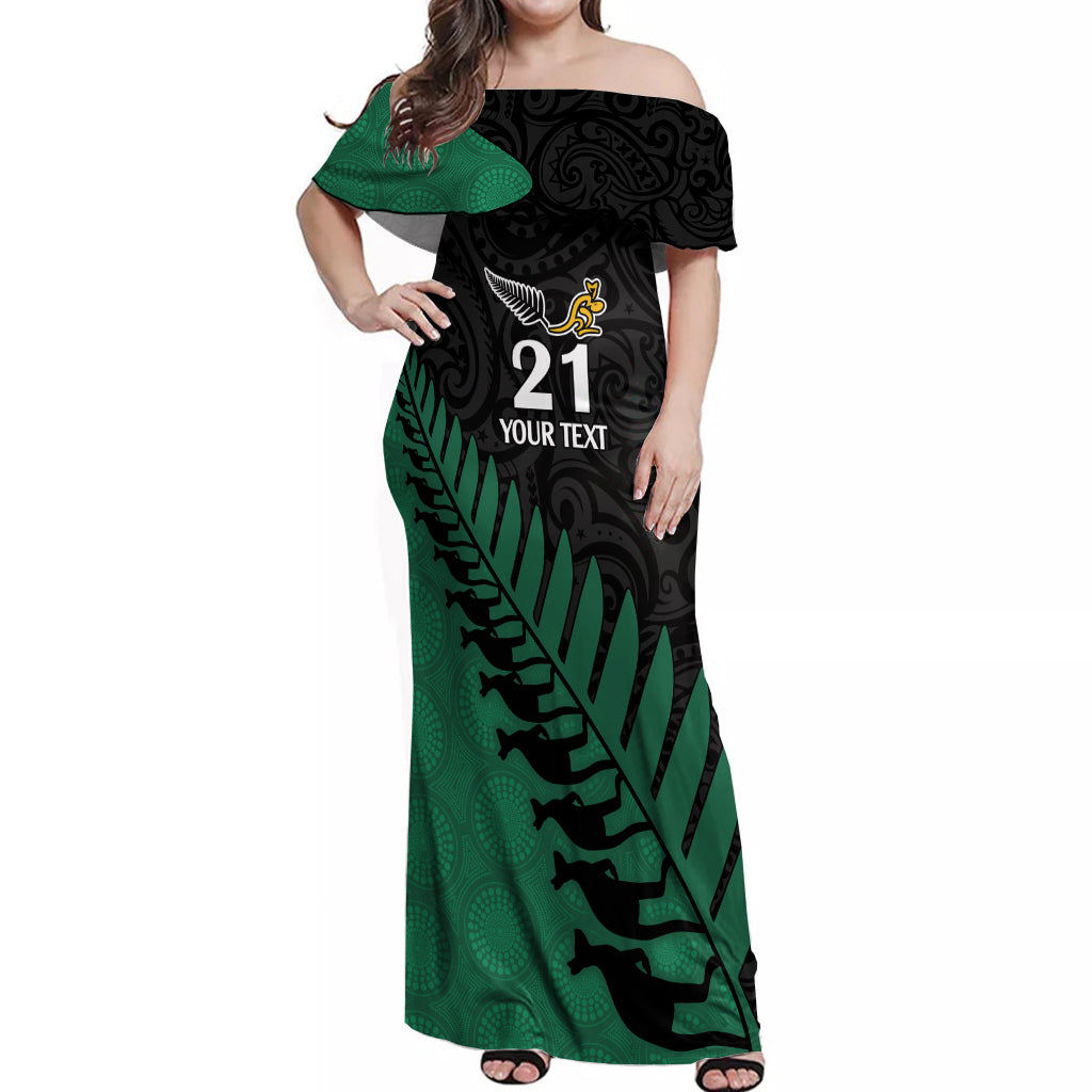 Custom Australia Wallabies and Aotearoa Rugby Off Shoulder Maxi Dress Kangaroo Black Fern Maori Green Vibe - Wonder Print Shop