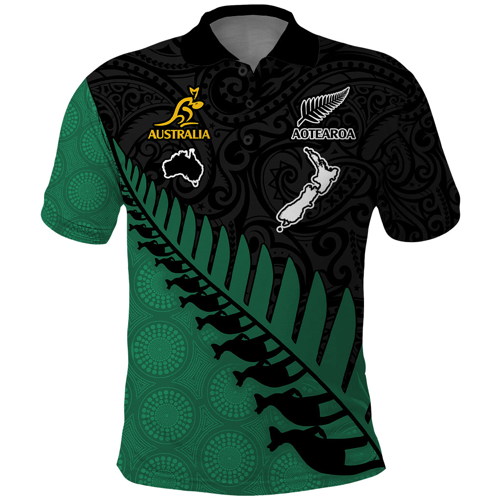 Custom Australia Wallabies and Aotearoa Rugby Polo Shirt Kangaroo Black Fern Maori Green Vibe - Wonder Print Shop