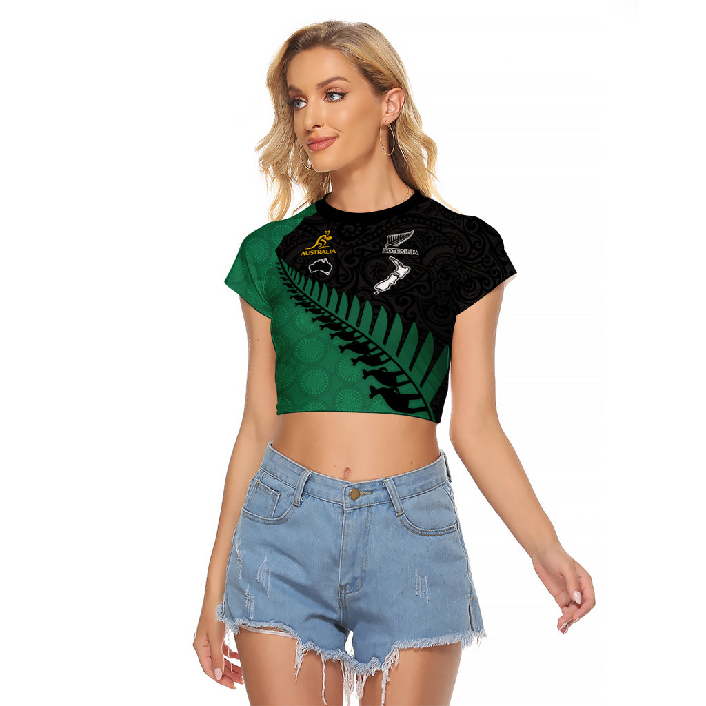 Custom Australia Wallabies and Aotearoa Rugby Raglan Cropped T Shirt Kangaroo Black Fern Maori Green Vibe - Wonder Print Shop