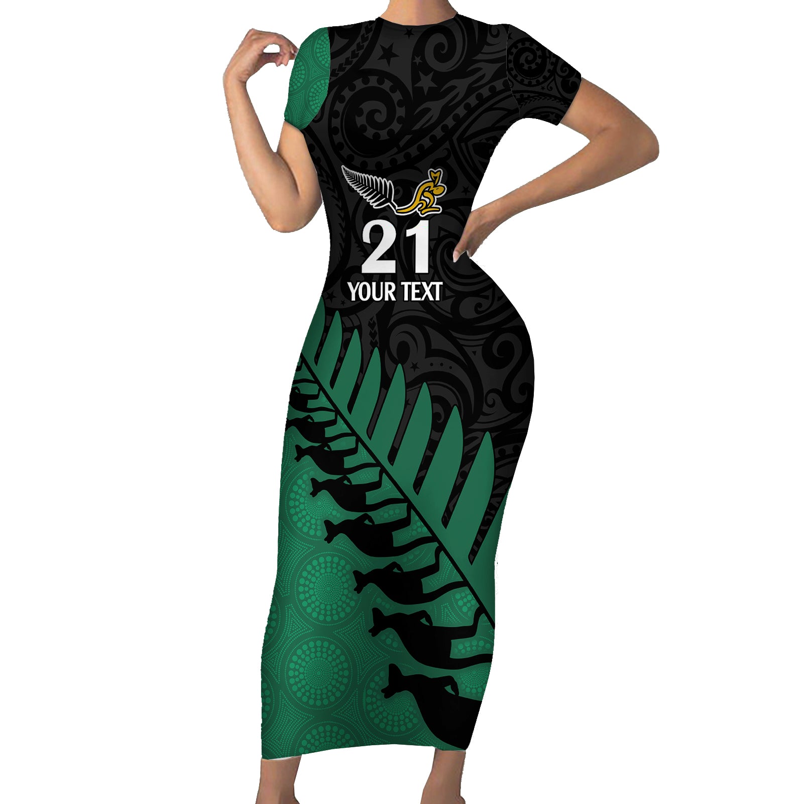 custom-australia-wallabies-and-aotearoa-rugby-short-sleeve-bodycon-dress-kangaroo-black-fern-maori-green-vibe