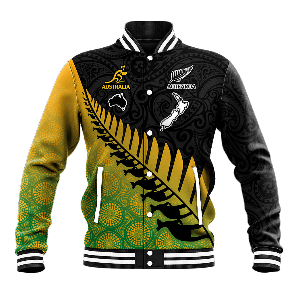 Unisex baseball jacket, black-to-green gradient, Maori patterns, snap front, ribbed trim