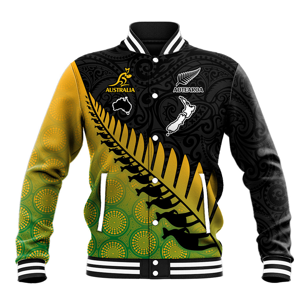 Australia Wallabies and Aotearoa Rugby Baseball Jacket Kangaroo Black Fern Maori Gradient Vibe LT9 - Wonder Print Shop