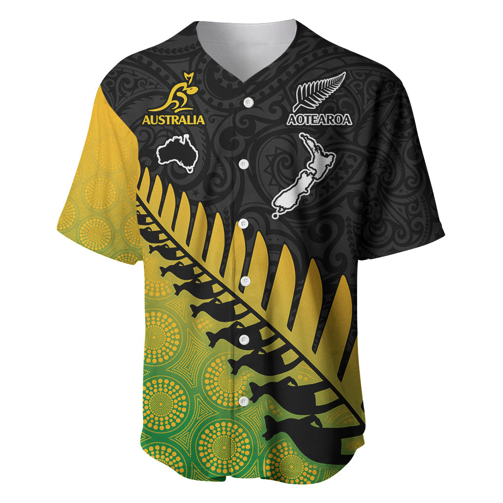 Rugby baseball jersey, black/yellow/green gradient with V-neck and team emblems
