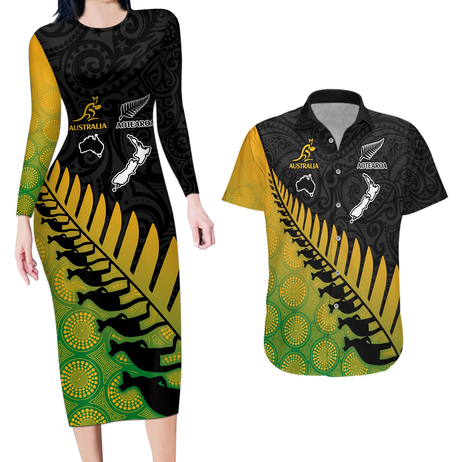 Australia Wallabies and Aotearoa Rugby Couples Matching Long Sleeve Bodycon Dress and Hawaiian Shirt Kangaroo Black Fern Maori Gradient Vibe LT9 - Wonder Print Shop