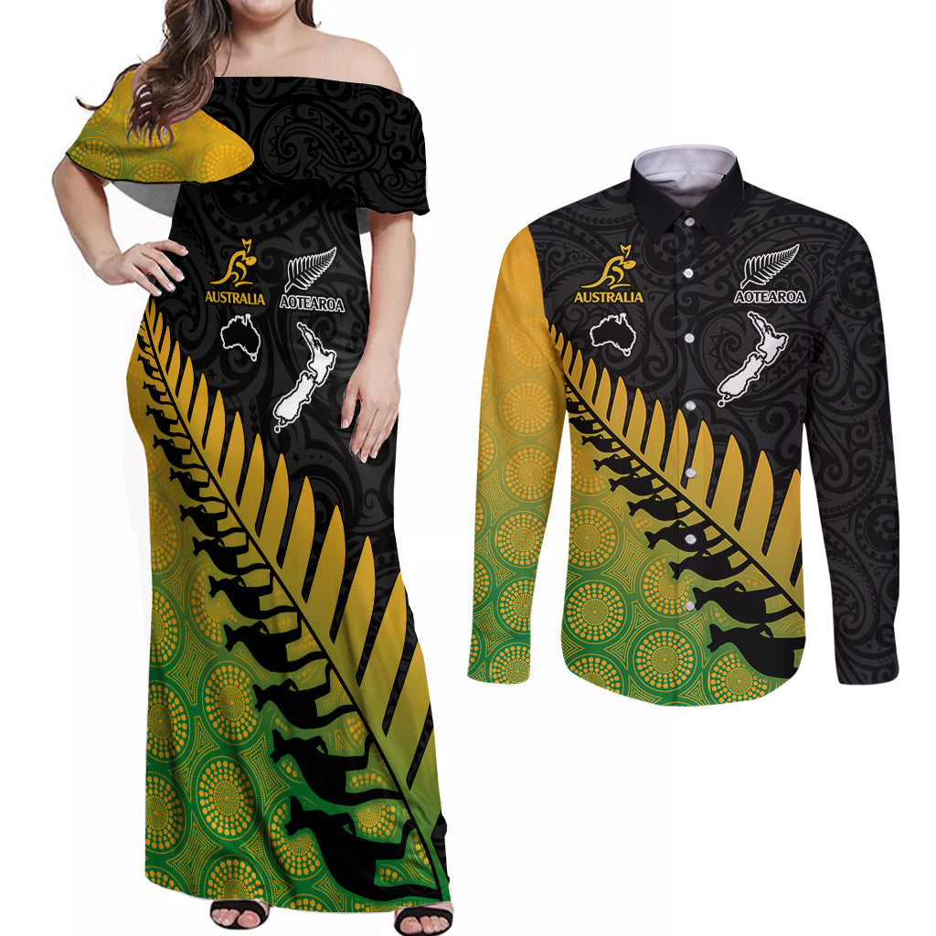 Australia Wallabies and Aotearoa Rugby Couples Matching Off Shoulder Maxi Dress and Long Sleeve Button Shirts Kangaroo Black Fern Maori Gradient Vibe LT9 - Wonder Print Shop