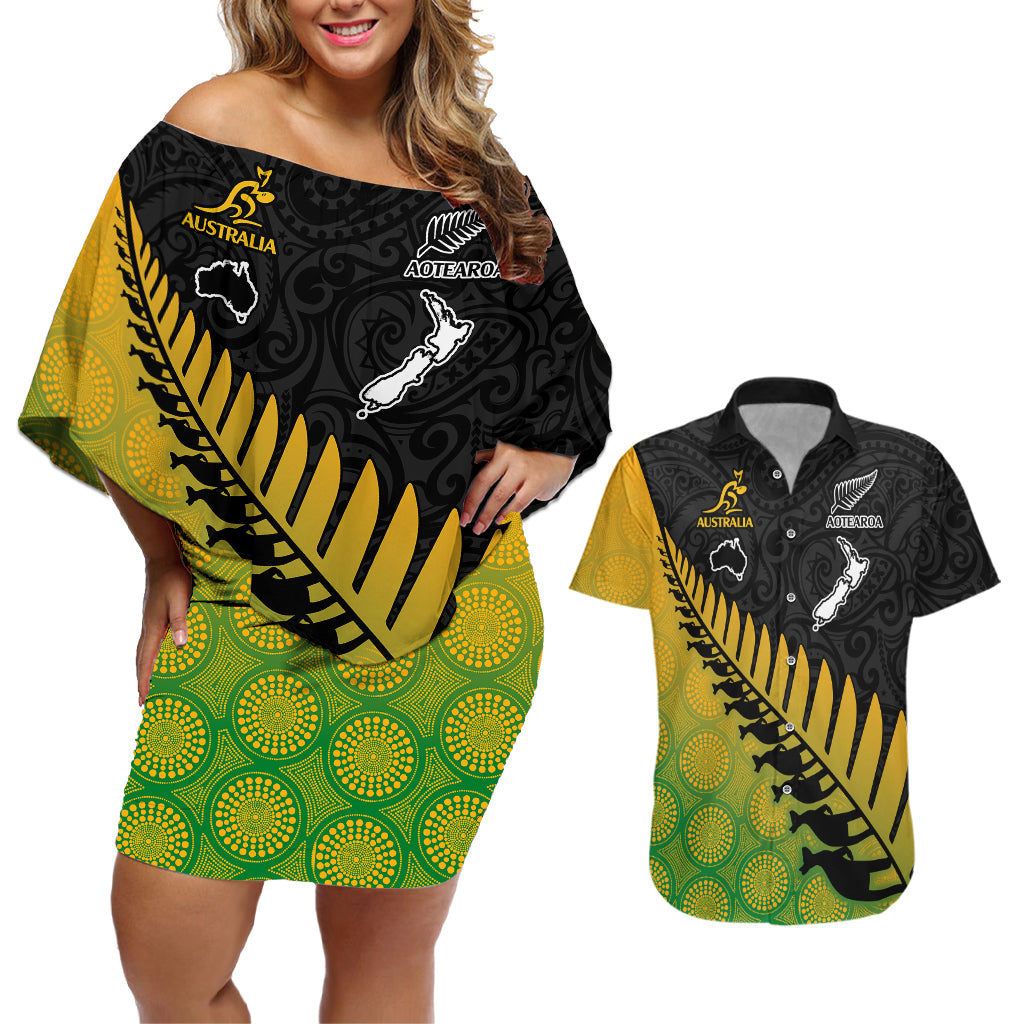 Australia Wallabies and Aotearoa Rugby Couples Matching Off Shoulder Short Dress and Hawaiian Shirt Kangaroo Black Fern Maori Gradient Vibe LT9 - Wonder Print Shop