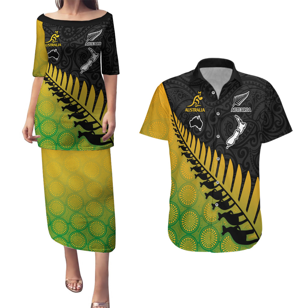 Australia Wallabies and Aotearoa Rugby Couples Matching Puletasi Dress and Hawaiian Shirt Kangaroo Black Fern Maori Gradient Vibe LT9 - Wonder Print Shop