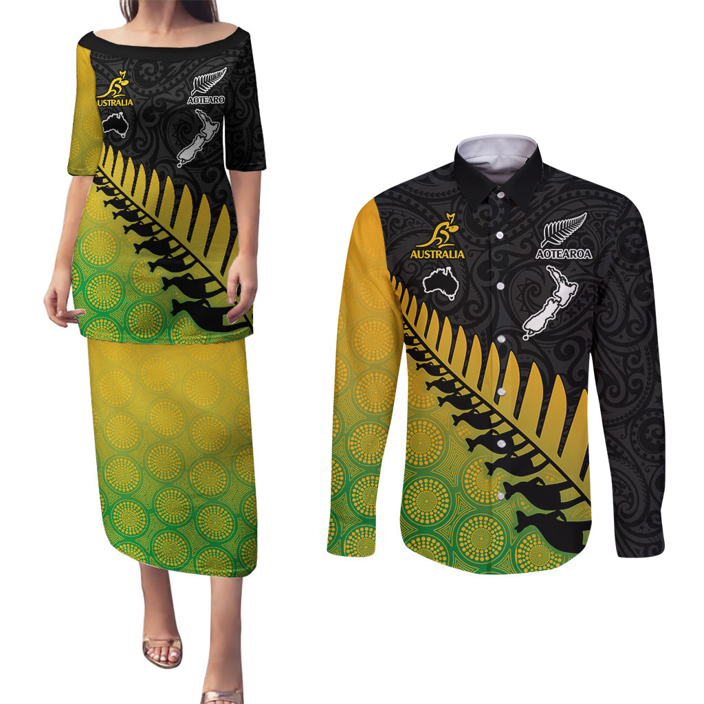 Australia Wallabies and Aotearoa Rugby Couples Matching Puletasi Dress and Long Sleeve Button Shirts Kangaroo Black Fern Maori Gradient Vibe LT9 - Wonder Print Shop