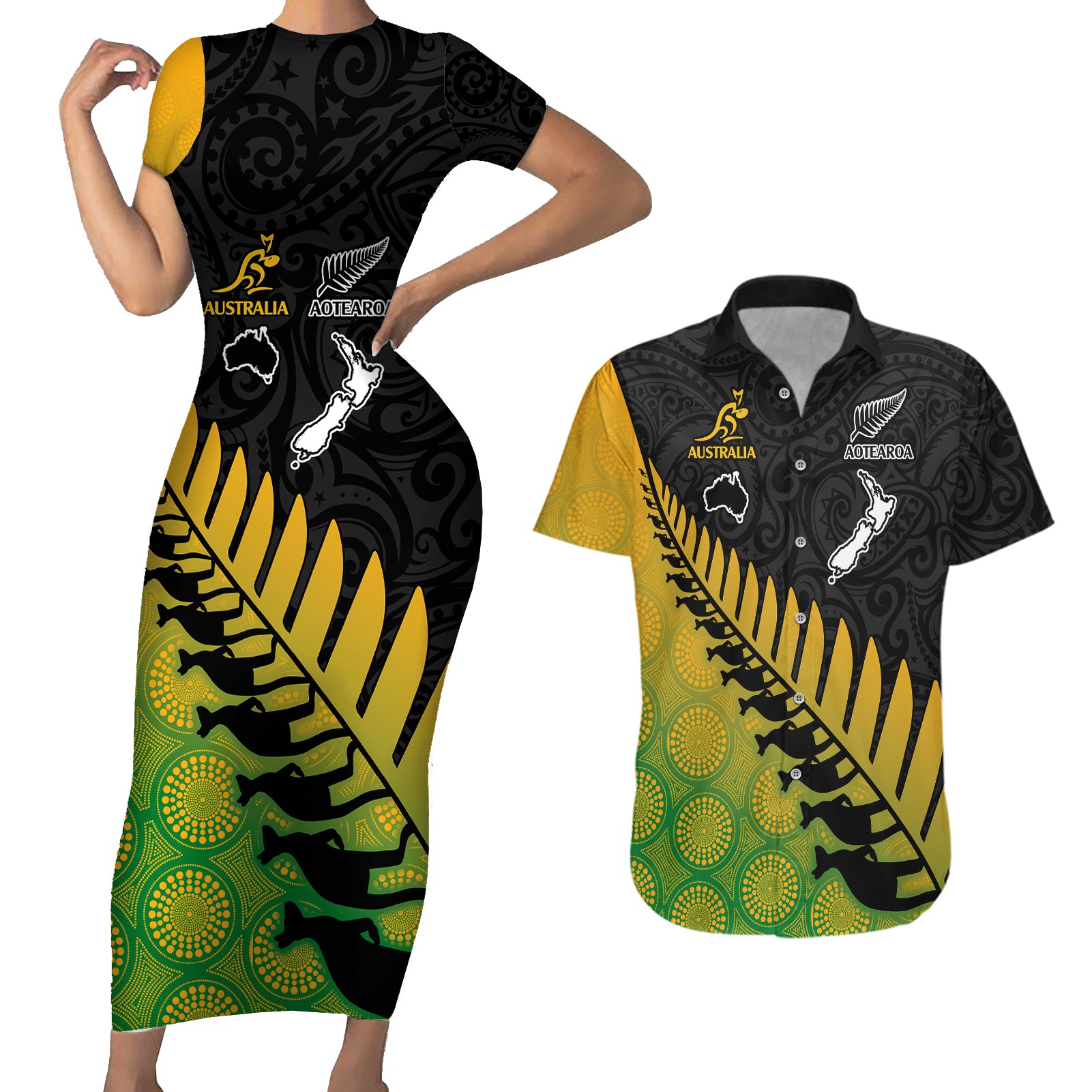 Australia Wallabies and Aotearoa Rugby Couples Matching Short Sleeve Bodycon Dress and Hawaiian Shirt Kangaroo Black Fern Maori Gradient Vibe LT9 - Wonder Print Shop