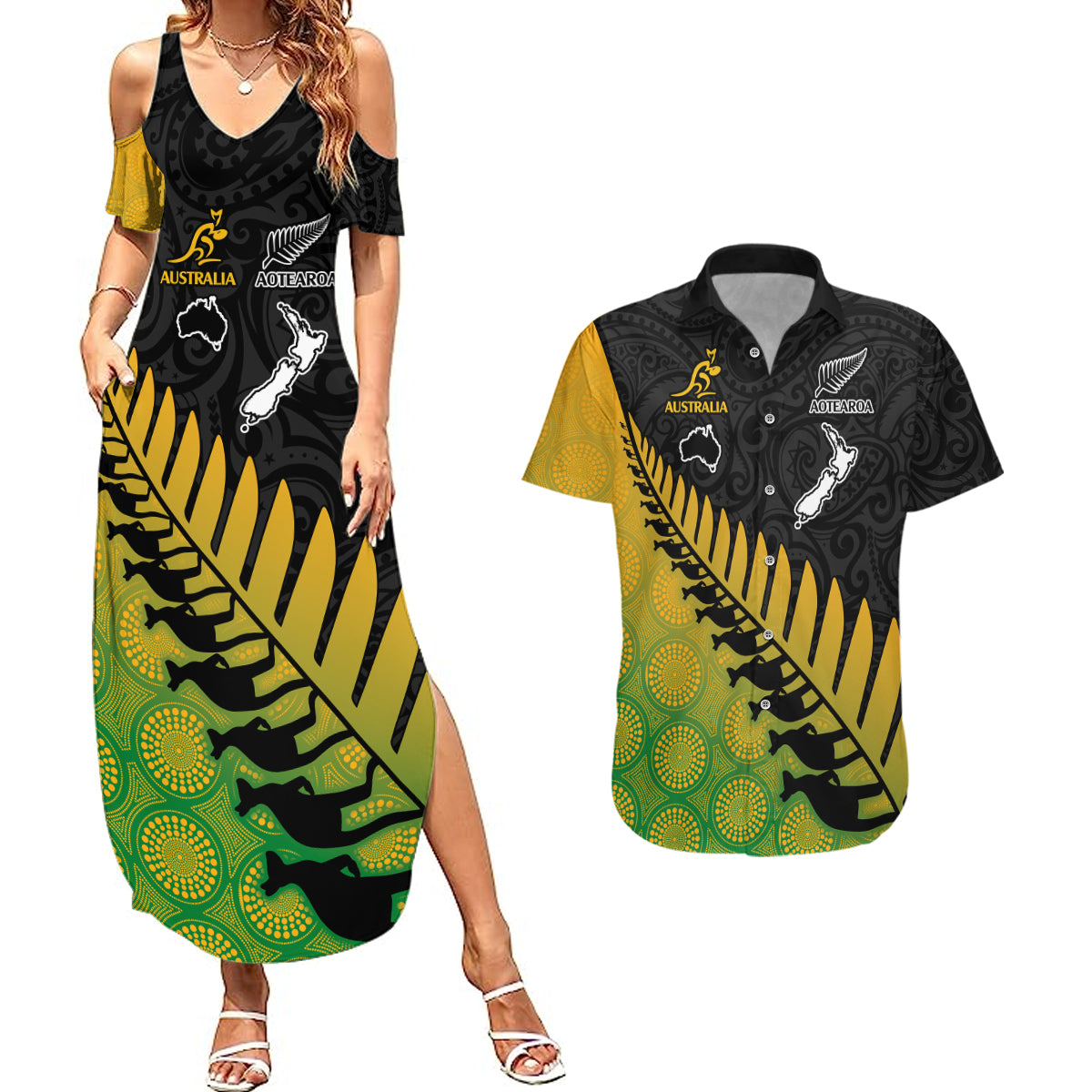 Australia Wallabies and Aotearoa Rugby Couples Matching Summer Maxi Dress and Hawaiian Shirt Kangaroo Black Fern Maori Gradient Vibe LT9 - Wonder Print Shop