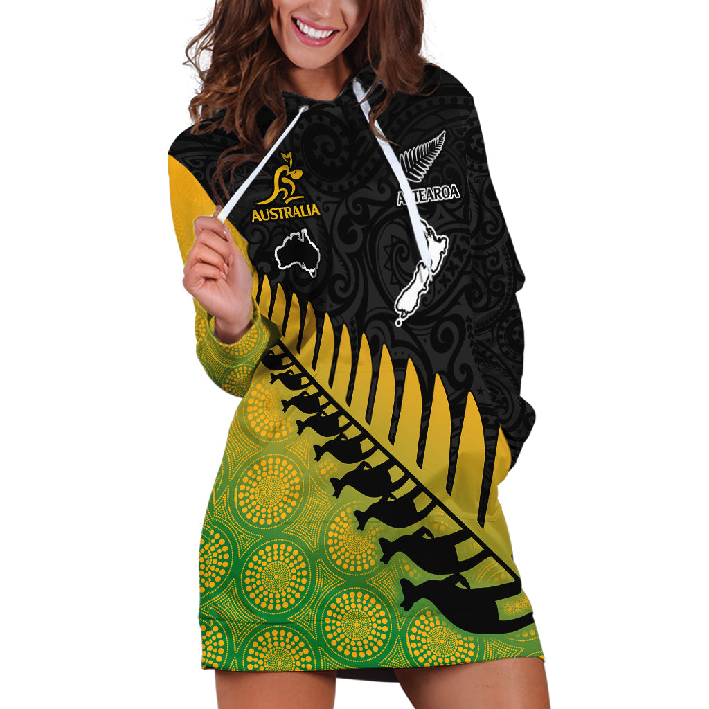 Australia Wallabies and Aotearoa Rugby Hoodie Dress Kangaroo Black Fern Maori Gradient Vibe - Wonder Print Shop