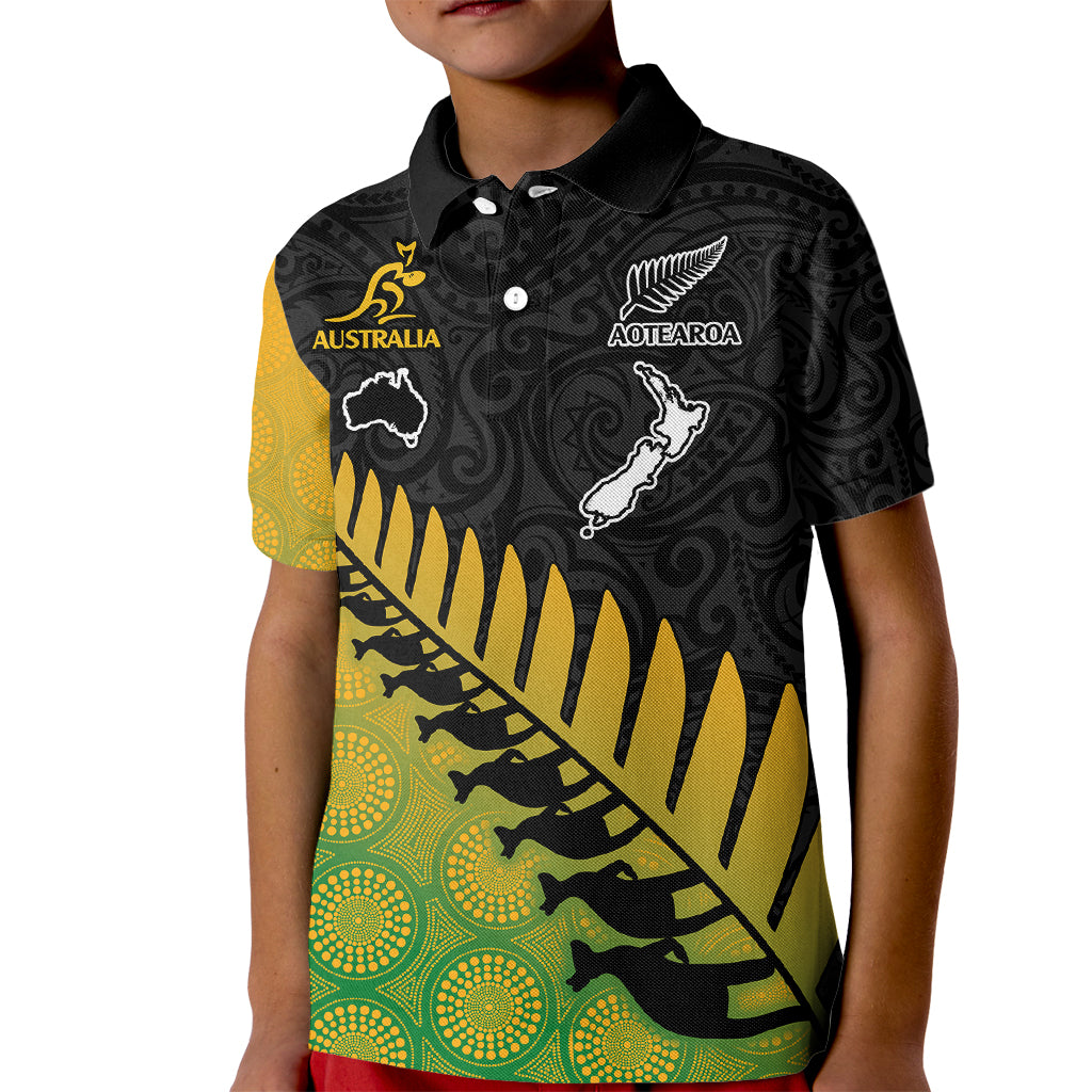 Australia Wallabies and Aotearoa Rugby Kid Polo Shirt Kangaroo Black Fern Maori Gradient Vibe - Wonder Print Shop