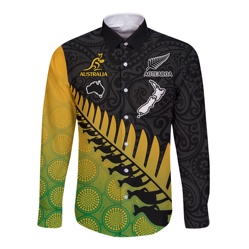 Long-sleeve button rugby shirt with black-green-gold gradient and emblems