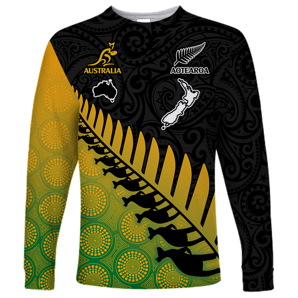 Long sleeve rugby shirt, black-to-green/yellow gradient with Australia and Aotearoa graphics