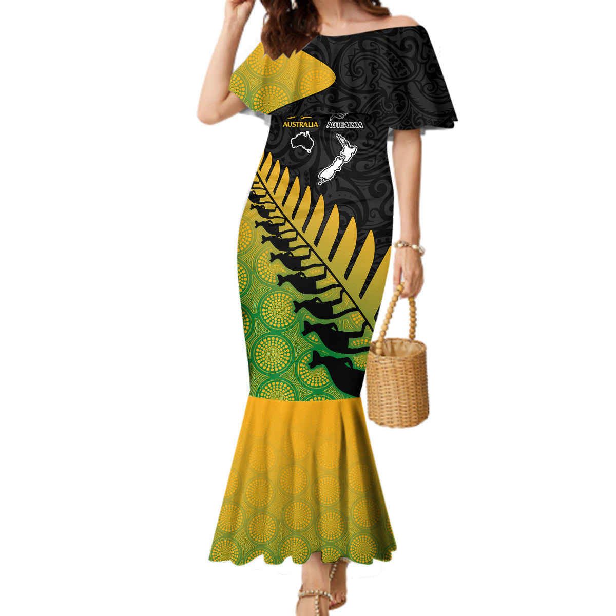 Australia Wallabies and Aotearoa Rugby Mermaid Dress Kangaroo Black Fern Maori Gradient Vibe - Wonder Print Shop