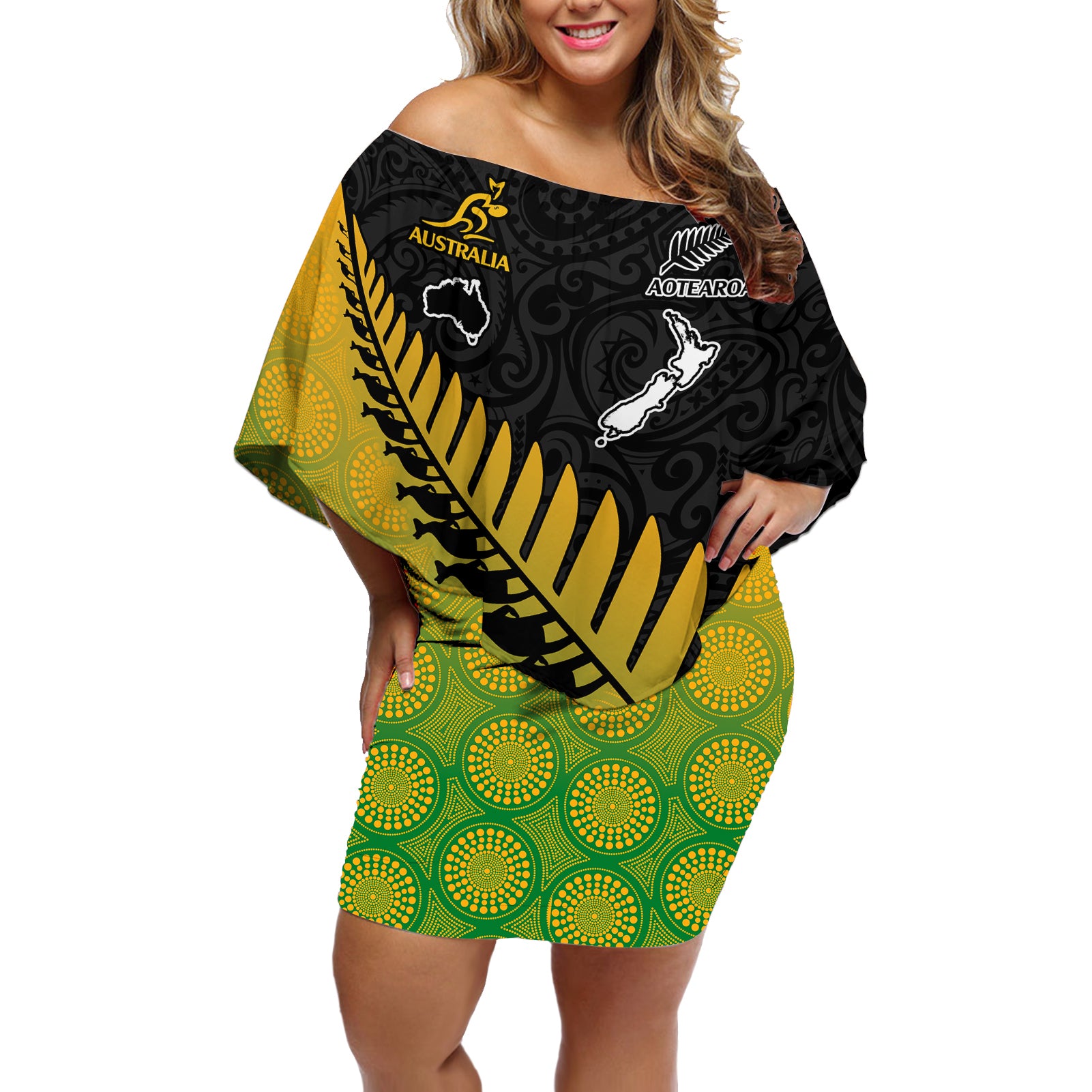 Australia Wallabies and Aotearoa Rugby Off Shoulder Short Dress Kangaroo Black Fern Maori Gradient Vibe - Wonder Print Shop