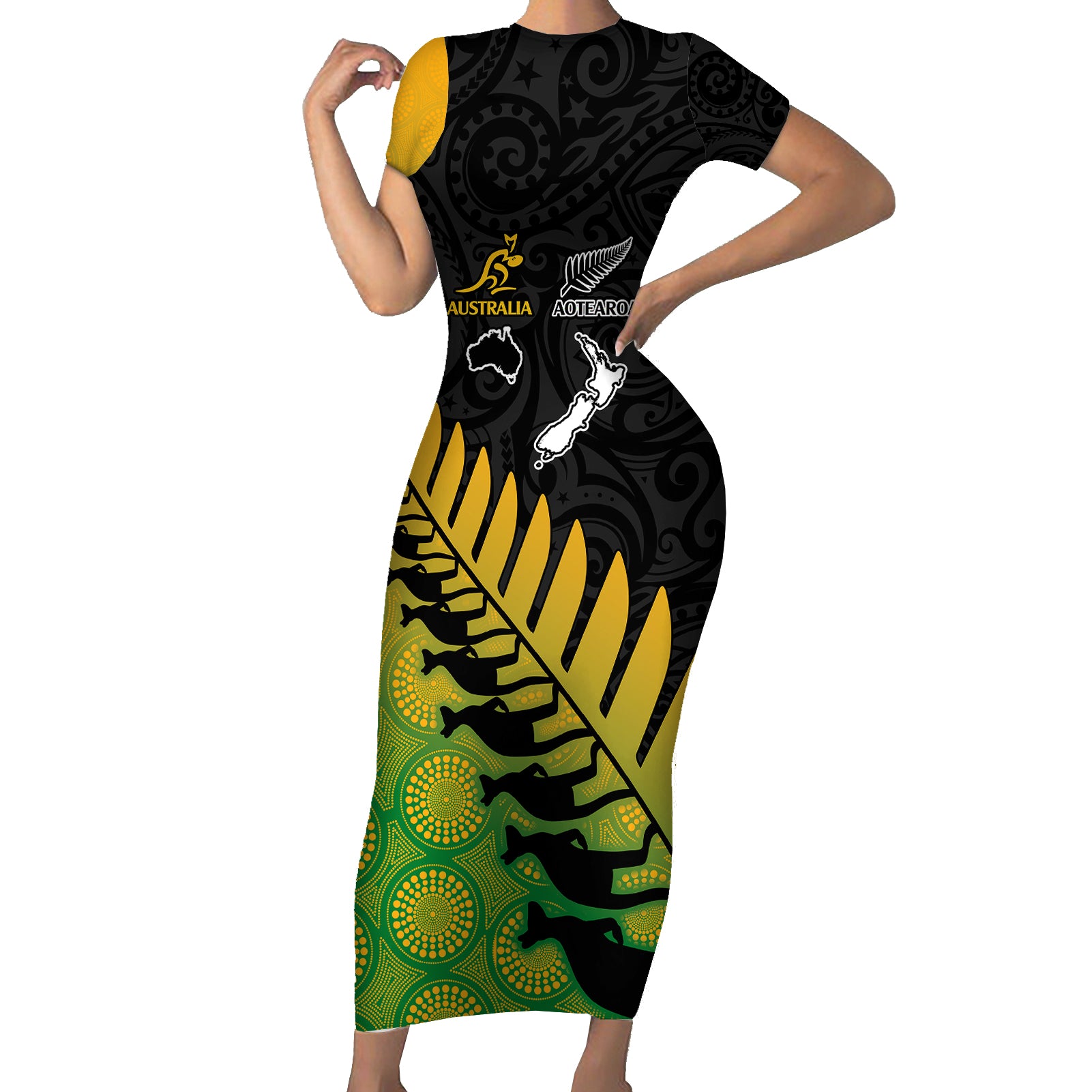 Australia Wallabies and Aotearoa Rugby Short Sleeve Bodycon Dress Kangaroo Black Fern Maori Gradient Vibe - Wonder Print Shop