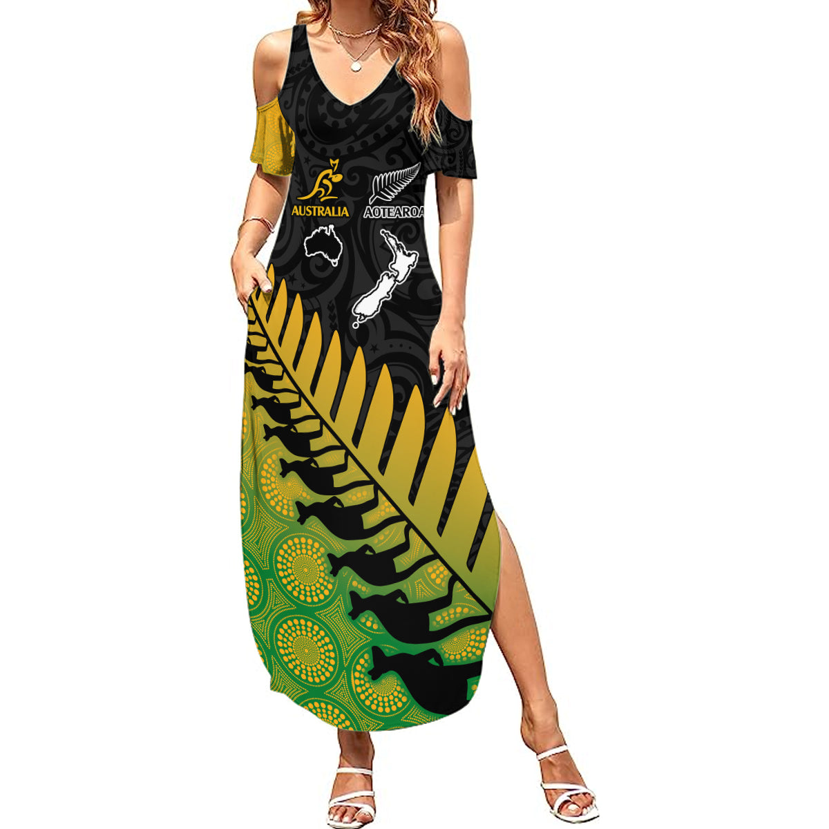 Australia Wallabies and Aotearoa Rugby Summer Maxi Dress Kangaroo Black Fern Maori Gradient Vibe - Wonder Print Shop