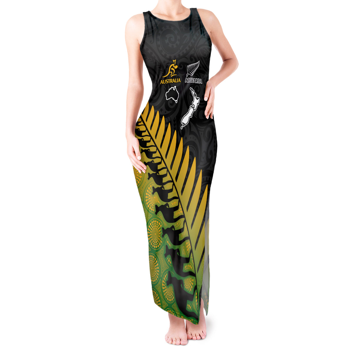 Australia Wallabies and Aotearoa Rugby Tank Maxi Dress Kangaroo Black Fern Maori Gradient Vibe - Wonder Print Shop