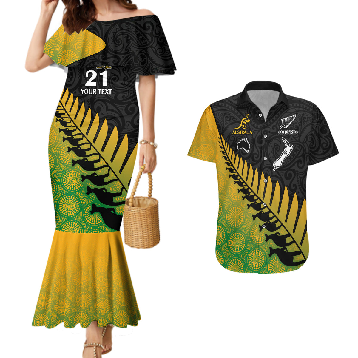 Custom Australia Wallabies and Aotearoa Rugby Couples Matching Mermaid Dress And Hawaiian Shirt Kangaroo Black Fern Maori Gradient Vibe LT9 - Wonder Print Shop