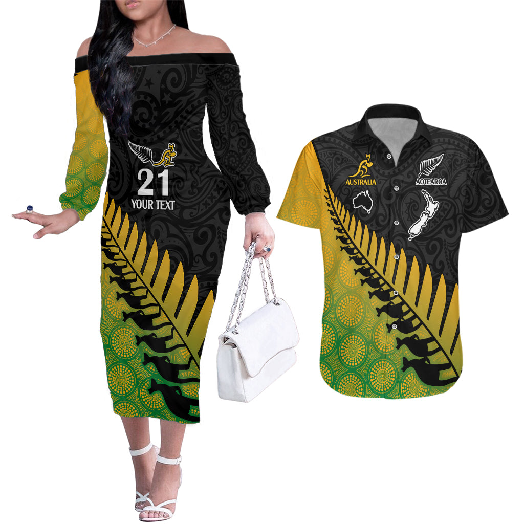 Custom Australia Wallabies and Aotearoa Rugby Couples Matching Off The Shoulder Long Sleeve Dress and Hawaiian Shirt Kangaroo Black Fern Maori Gradient Vibe LT9 - Wonder Print Shop