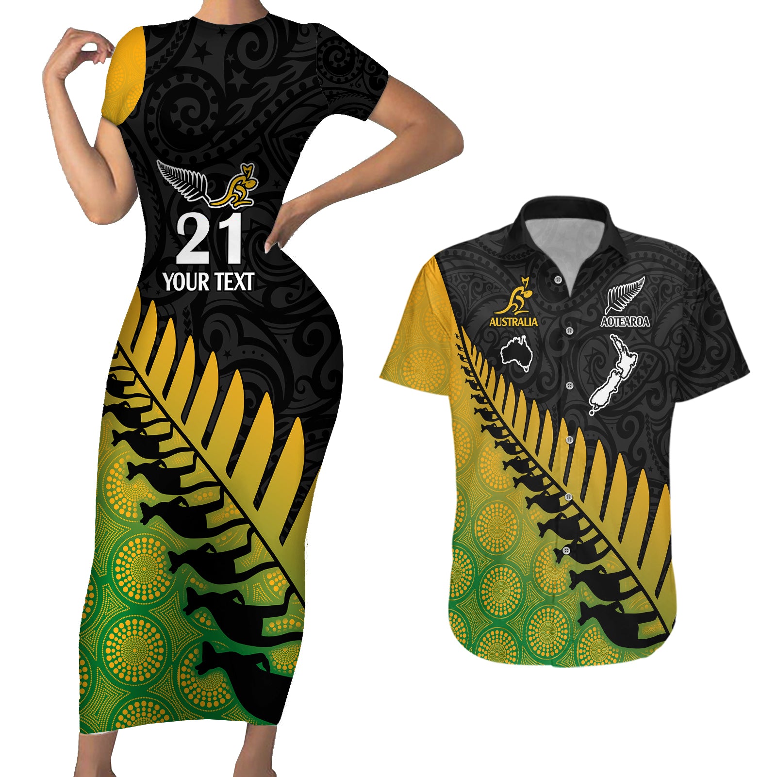 Custom Australia Wallabies and Aotearoa Rugby Couples Matching Short Sleeve Bodycon Dress and Hawaiian Shirt Kangaroo Black Fern Maori Gradient Vibe LT9 - Wonder Print Shop