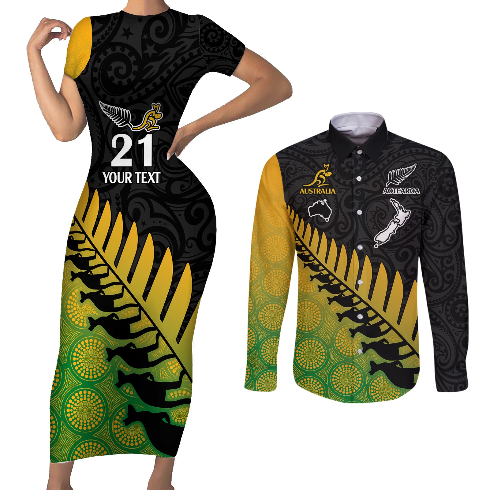 Custom Australia Wallabies and Aotearoa Rugby Couples Matching Short Sleeve Bodycon Dress and Long Sleeve Button Shirts Kangaroo Black Fern Maori Gradient Vibe LT9 - Wonder Print Shop