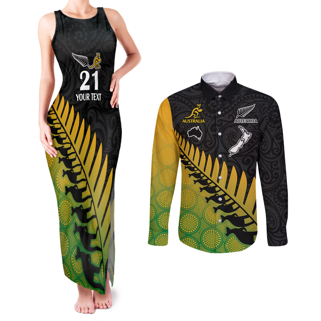 Custom Australia Wallabies and Aotearoa Rugby Couples Matching Tank Maxi Dress and Long Sleeve Button Shirts Kangaroo Black Fern Maori Gradient Vibe LT9 - Wonder Print Shop