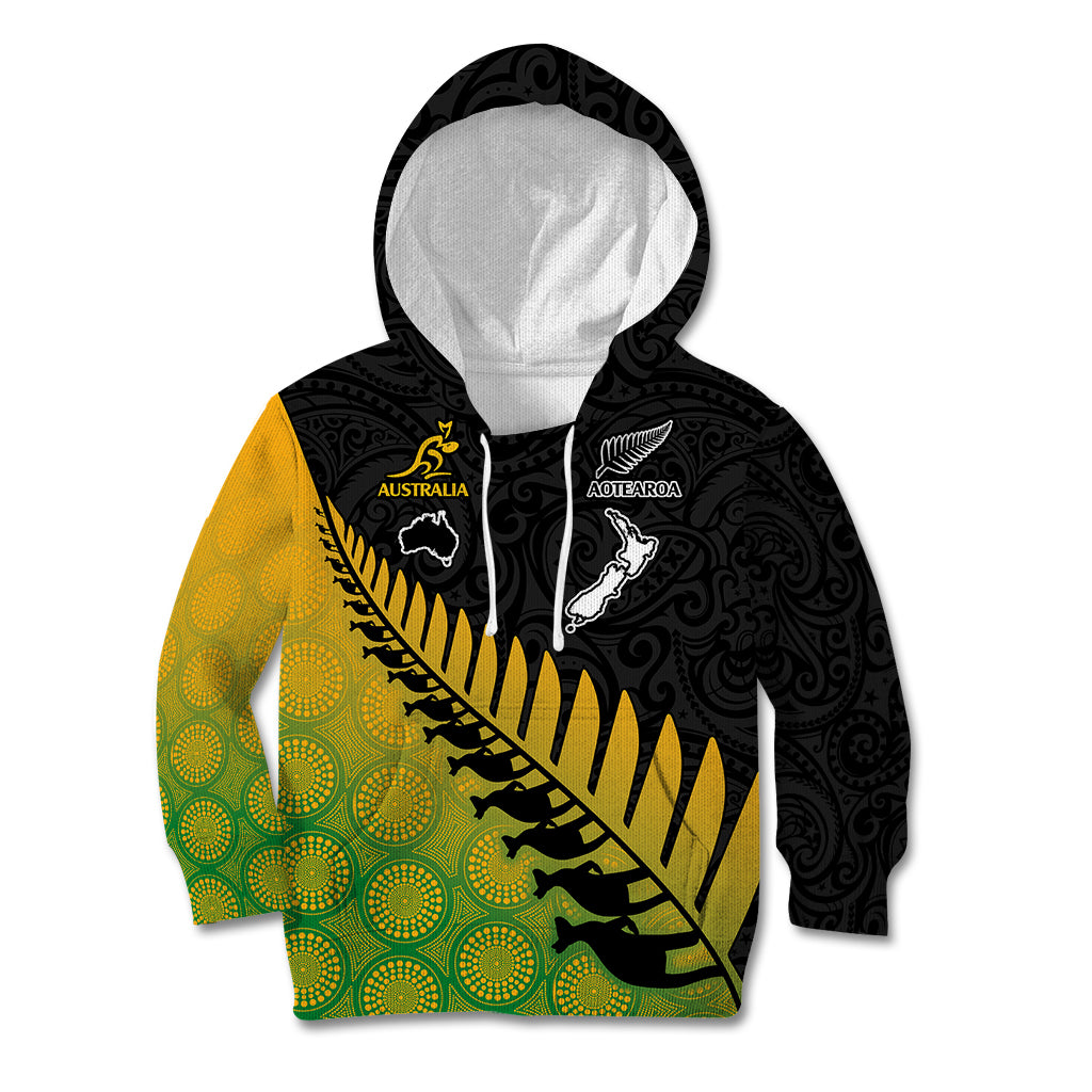 Custom Australia Wallabies and Aotearoa Rugby Kid Hoodie Kangaroo Black Fern Maori Gradient Vibe - Wonder Print Shop