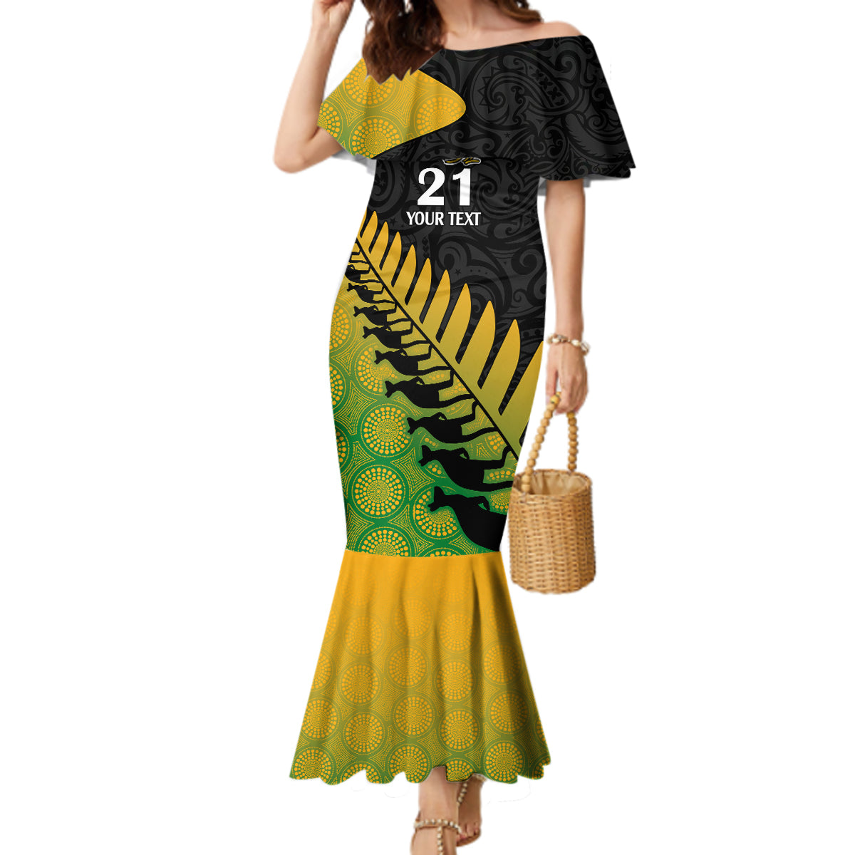 Custom Australia Wallabies and Aotearoa Rugby Mermaid Dress Kangaroo Black Fern Maori Gradient Vibe - Wonder Print Shop