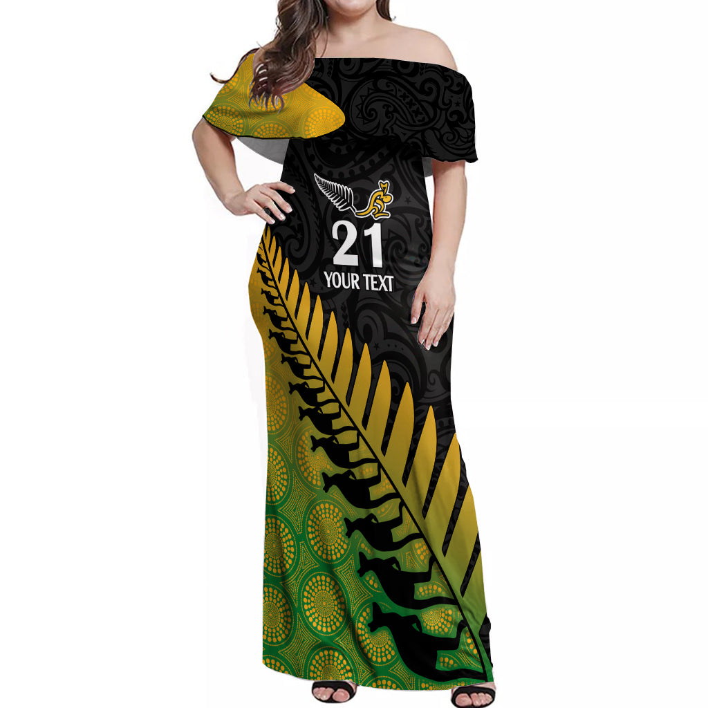 Custom Australia Wallabies and Aotearoa Rugby Off Shoulder Maxi Dress Kangaroo Black Fern Maori Gradient Vibe - Wonder Print Shop