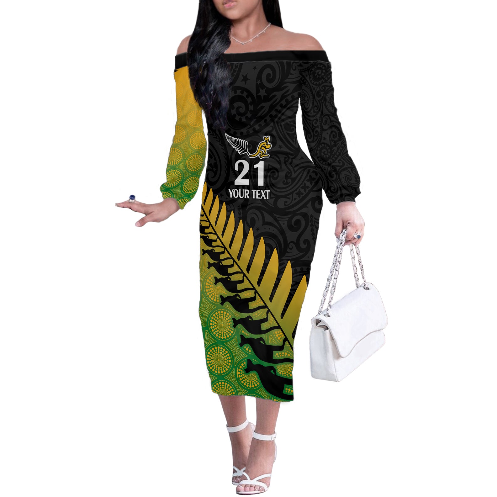 Custom Australia Wallabies and Aotearoa Rugby Off The Shoulder Long Sleeve Dress Kangaroo Black Fern Maori Gradient Vibe - Wonder Print Shop