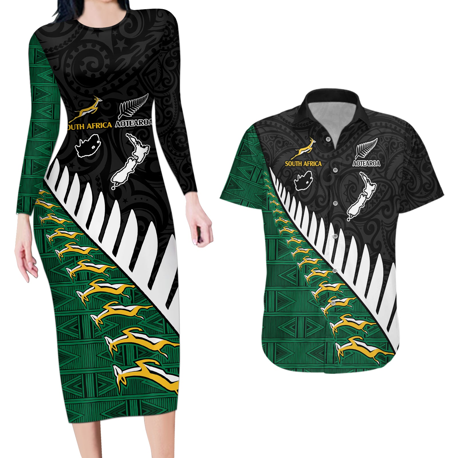 South Africa and Aotearoa Rugby Couples Matching Long Sleeve Bodycon Dress and Hawaiian Shirt Springboks Black Fern Maori Vibe LT9 - Wonder Print Shop