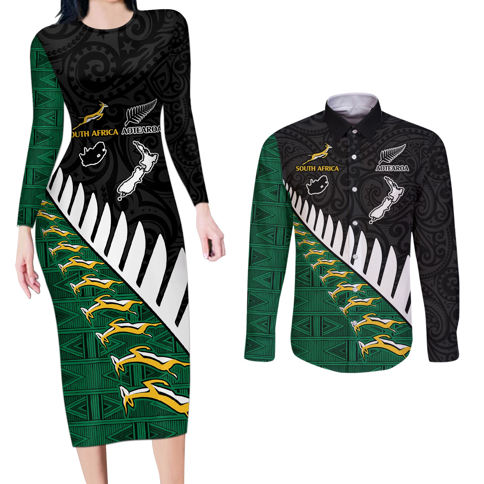 South Africa and Aotearoa Rugby Couples Matching Long Sleeve Bodycon Dress and Long Sleeve Button Shirts Springboks Black Fern Maori Vibe LT9 - Wonder Print Shop