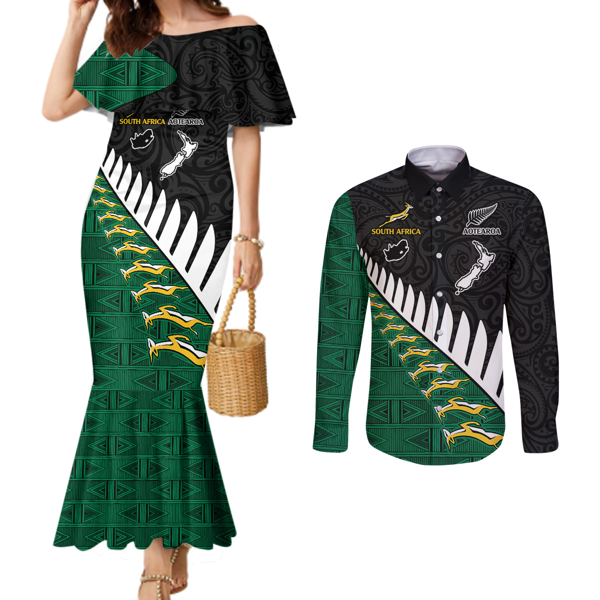 south-africa-and-aotearoa-rugby-couples-matching-mermaid-dress-and-long-sleeve-button-shirts-springboks-black-fern-maori-vibe