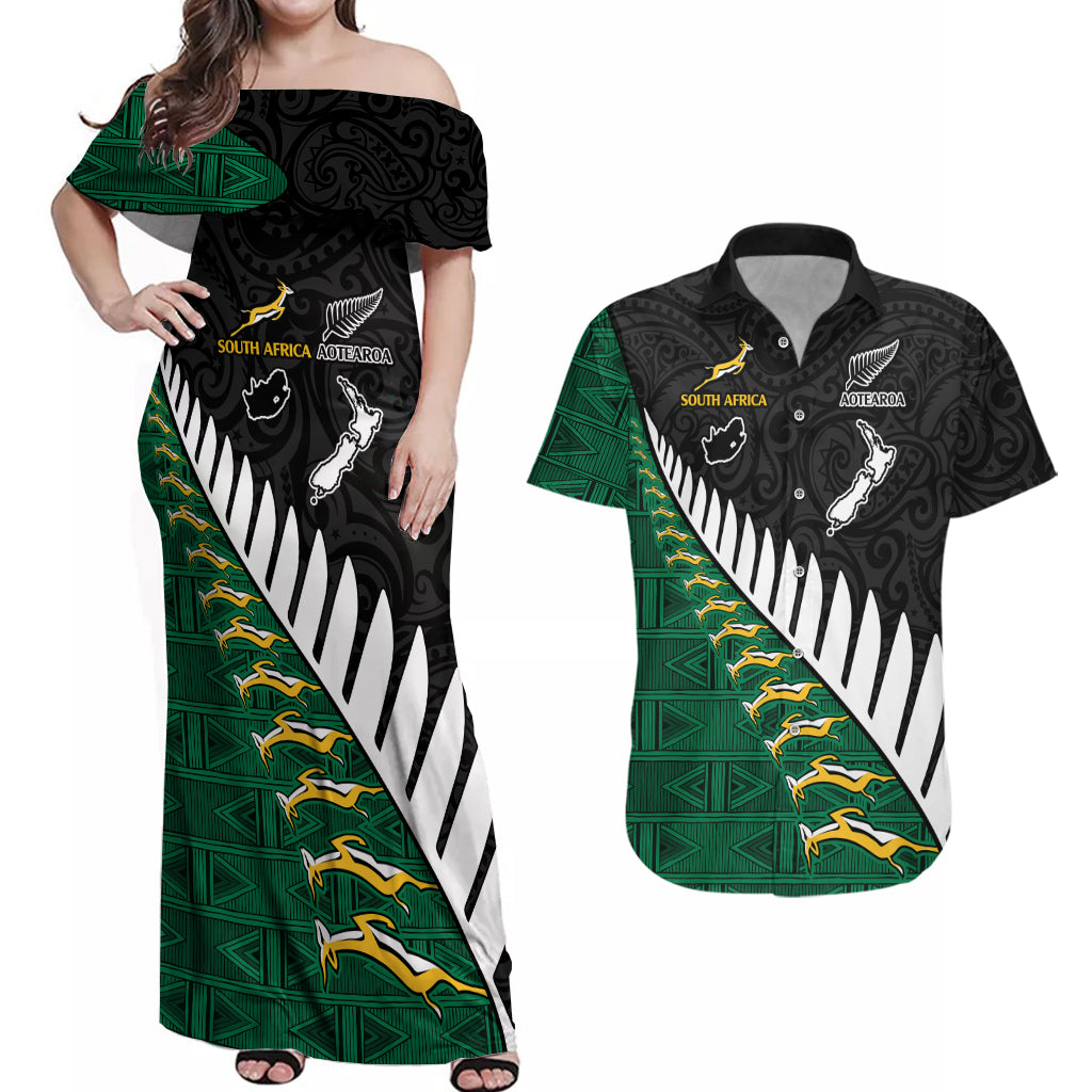 South Africa and Aotearoa Rugby Couples Matching Off Shoulder Maxi Dress and Hawaiian Shirt Springboks Black Fern Maori Vibe LT9 - Wonder Print Shop