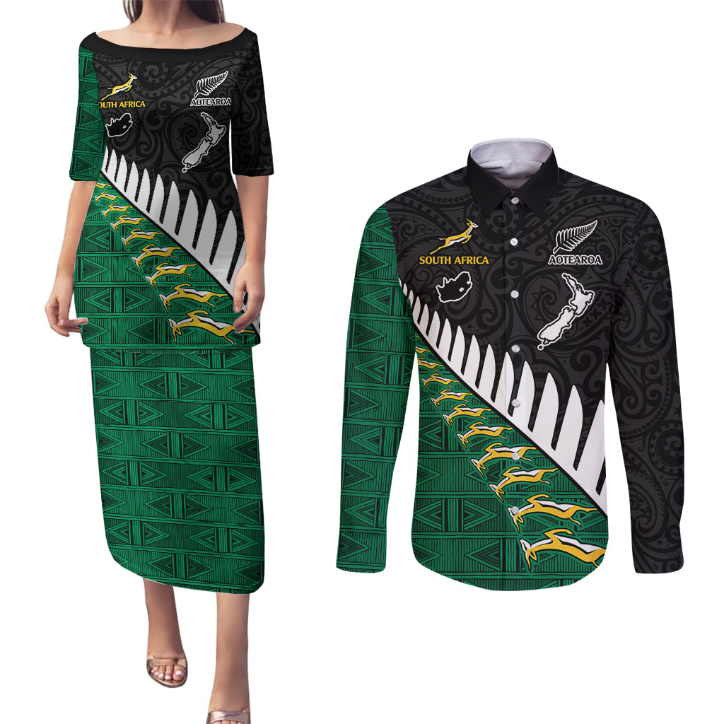 South Africa and Aotearoa Rugby Couples Matching Puletasi Dress and Long Sleeve Button Shirts Springboks Black Fern Maori Vibe LT9 - Wonder Print Shop