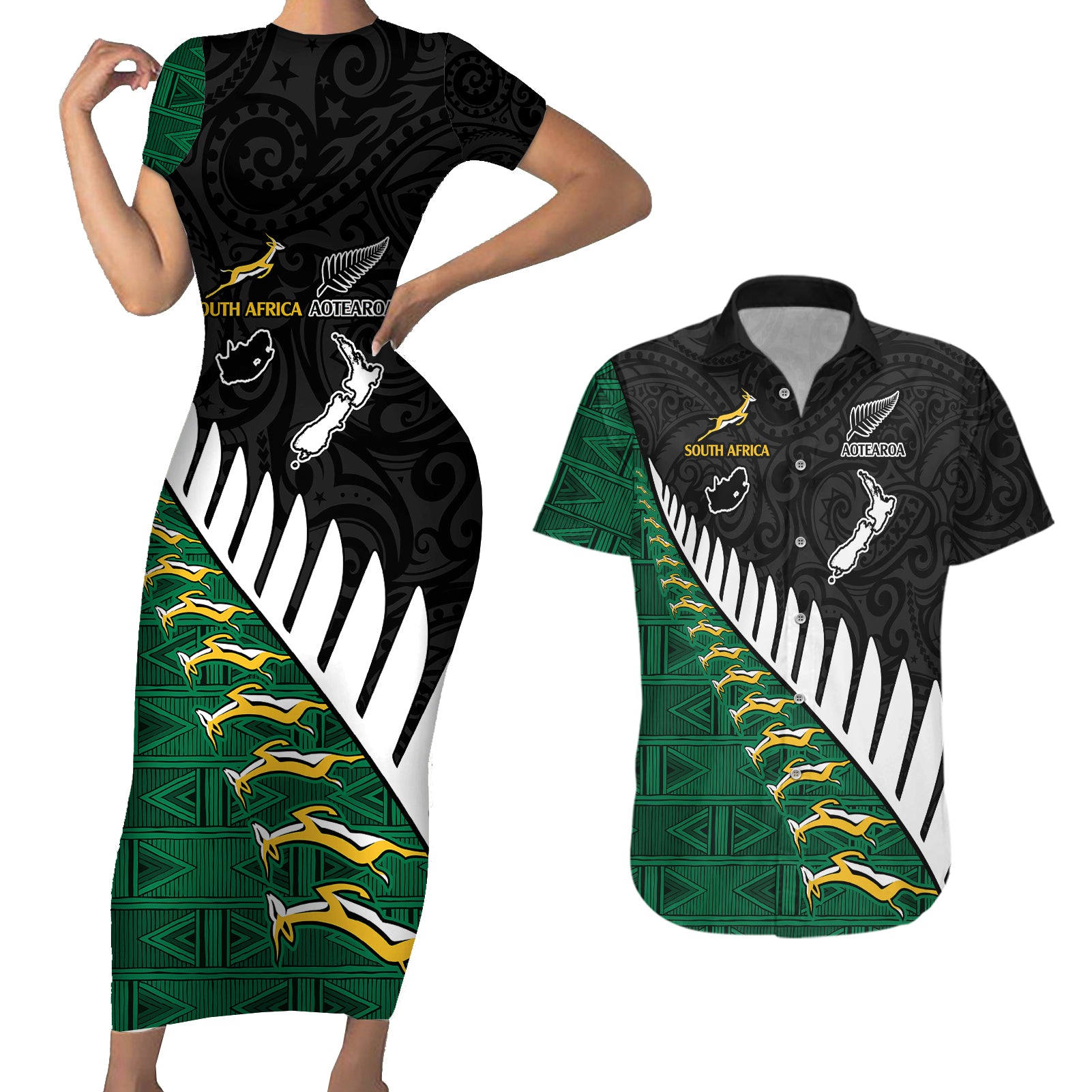 South Africa and Aotearoa Rugby Couples Matching Short Sleeve Bodycon Dress and Hawaiian Shirt Springboks Black Fern Maori Vibe LT9 - Wonder Print Shop