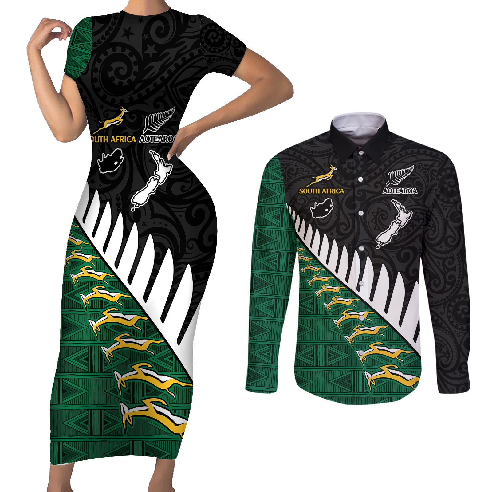 South Africa and Aotearoa Rugby Couples Matching Short Sleeve Bodycon Dress and Long Sleeve Button Shirts Springboks Black Fern Maori Vibe LT9 - Wonder Print Shop