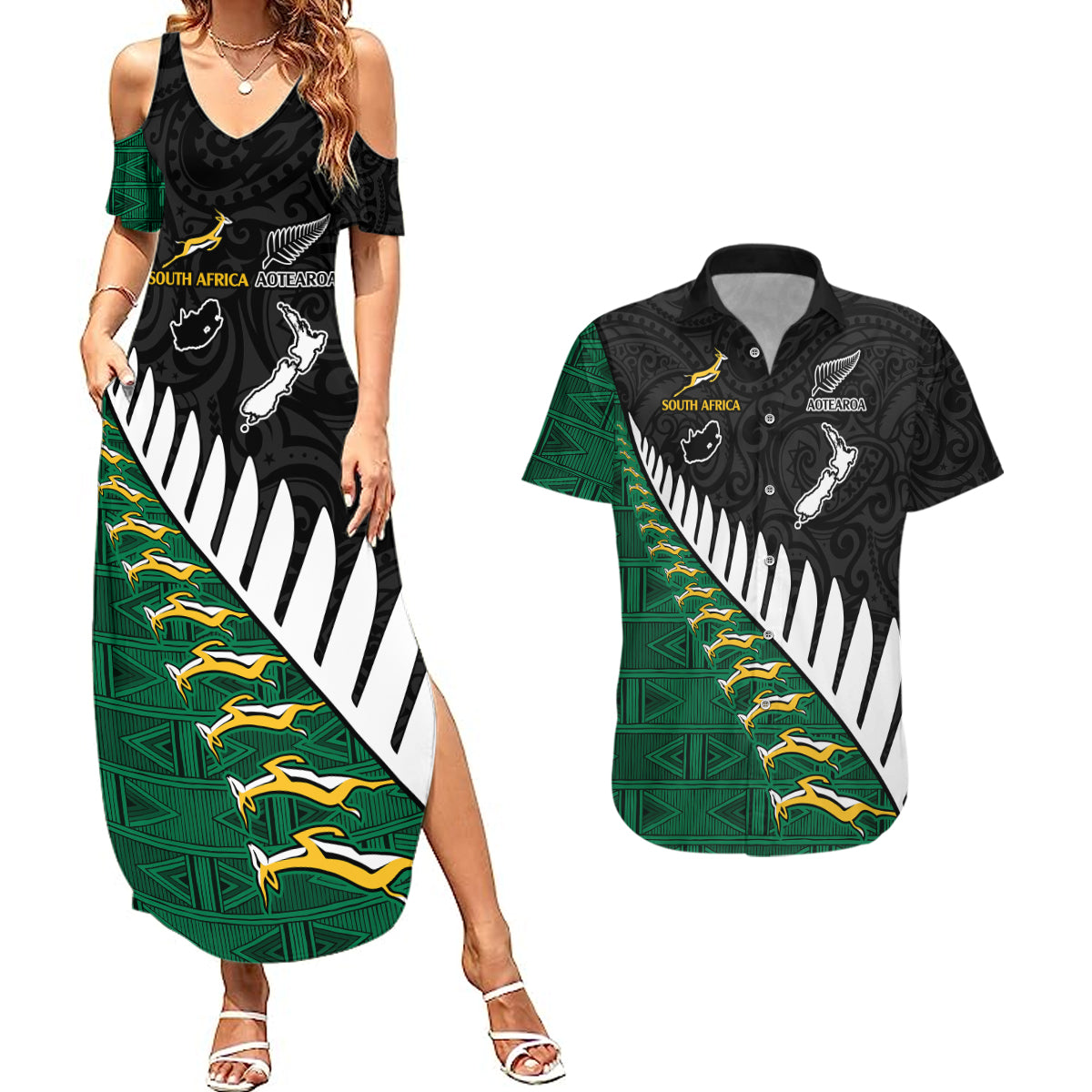 South Africa and Aotearoa Rugby Couples Matching Summer Maxi Dress and Hawaiian Shirt Springboks Black Fern Maori Vibe LT9 - Wonder Print Shop