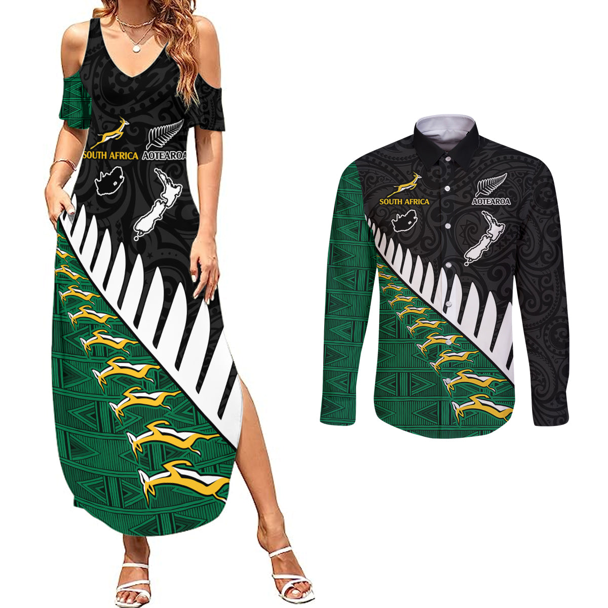 South Africa and Aotearoa Rugby Couples Matching Summer Maxi Dress and Long Sleeve Button Shirts Springboks Black Fern Maori Vibe LT9 - Wonder Print Shop